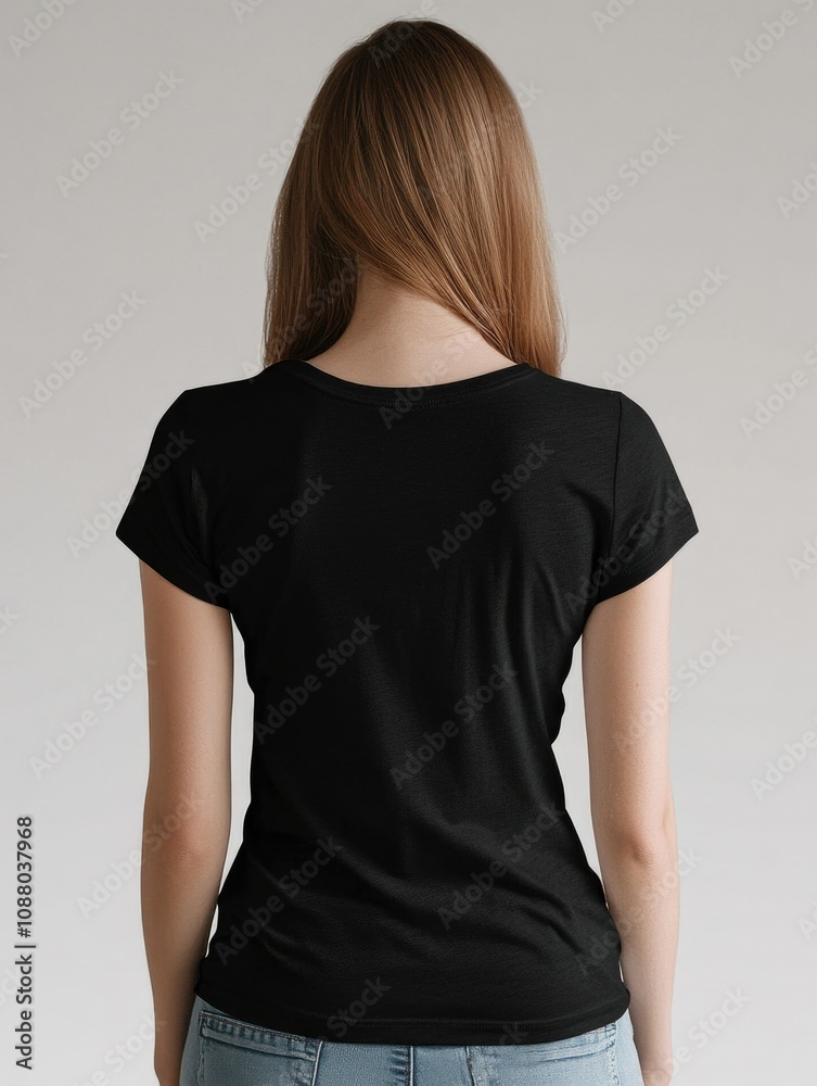 Obraz premium Chic Black Short Sleeve T-Shirt on Woman with Blue Jeans