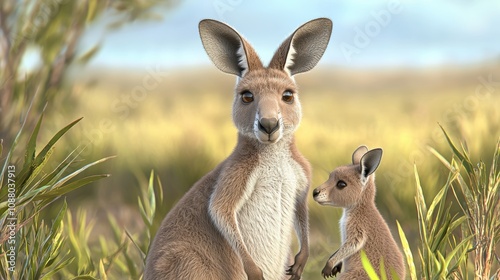 Kangaroo Mother and Joey in Australian Outback: A heartwarming image of a mother kangaroo and her joey, nestled amidst the golden grasses of the Australian outback. photo