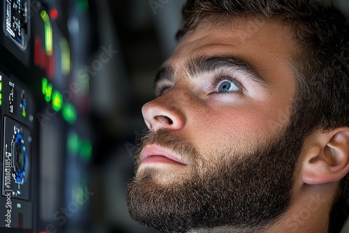 An aerospace engineer programming navigation systems for a spacecraft in a dimly lit control room photo