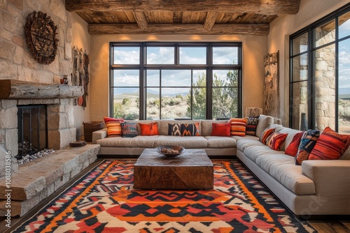 navajo southwest design, southwest interior design blends vibrant navajo patterns and rustic finishes, reflecting the essence of the american southwest photo