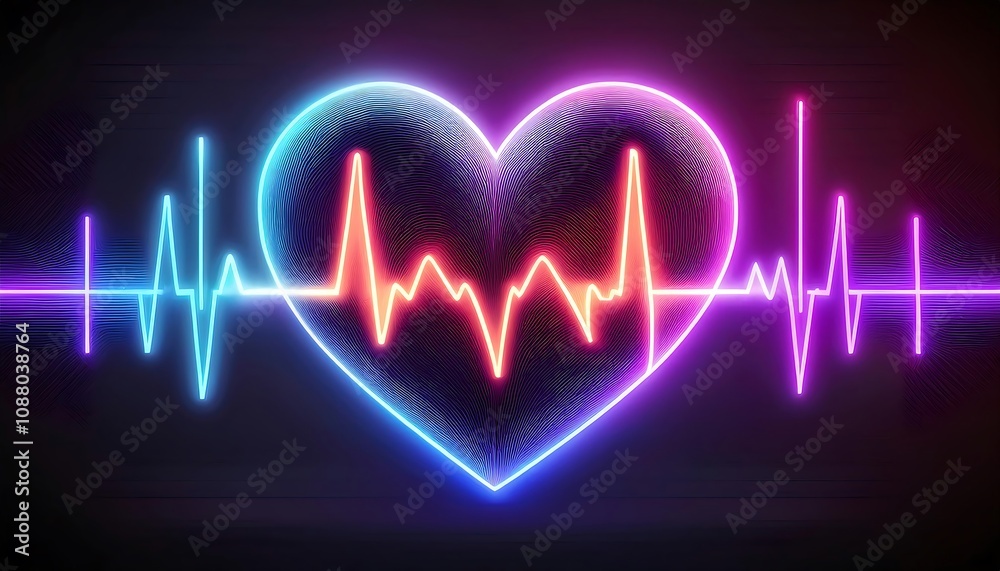 A glowing heart shape with an electrocardiogram line pulsating rhythmically in a dark background A glowing heart shape with an electrocardiogram line pulsating rhythmically in a dark background