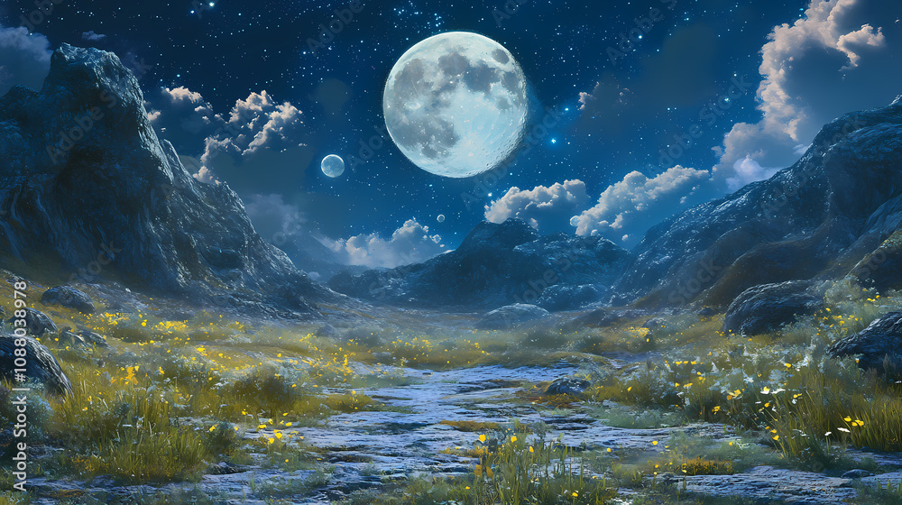 Fantasy landscape with full moon and stars. Otherworldly Alien Landscape. Illustration Fantasy landscape with full moon and stars. Otherworldly Alien Landscape. Illustration
