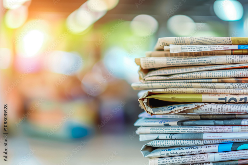 Pile of newspapers stacks on blur background Pile of newspapers stacks on blur background