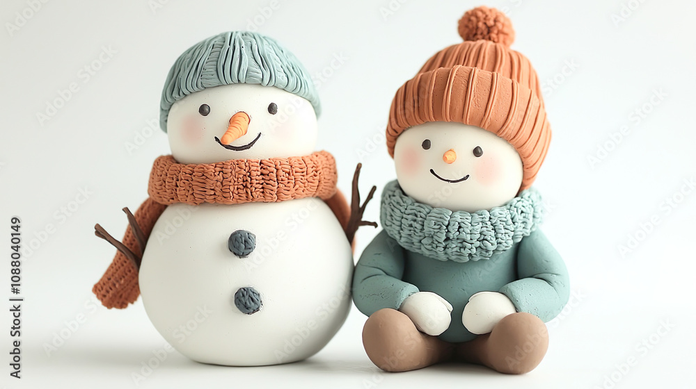 白背景に可愛い子どもと雪だるまの3Dイラスト