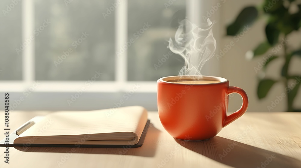 Coffee café, notebook, steaming. A steaming orange coffee cup sits beside an open notebook, bathed in soft sunlight, creating a warm, inviting atmosphere. Coffee café, notebook, steaming. A steaming orange coffee cup sits beside an open notebook, bathed in soft sunlight, creating a warm, inviting atmosphere.