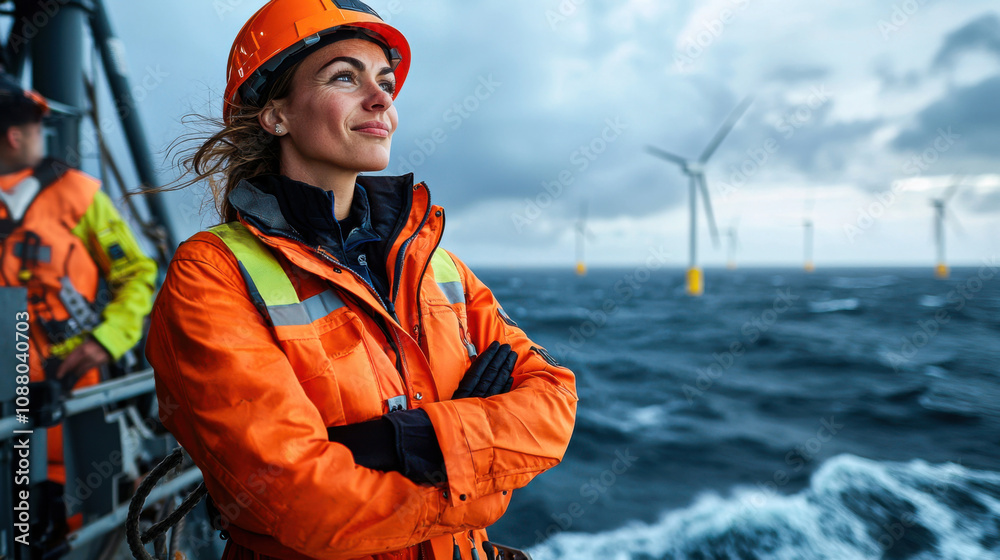 female offshore wind turbine technician stands confidently on vessel, wearing orange safety jacket and helmet, with wind turbines visible in background female offshore wind turbine technician stands confidently on vessel, wearing orange safety jacket and helmet, with wind turbines visible in background