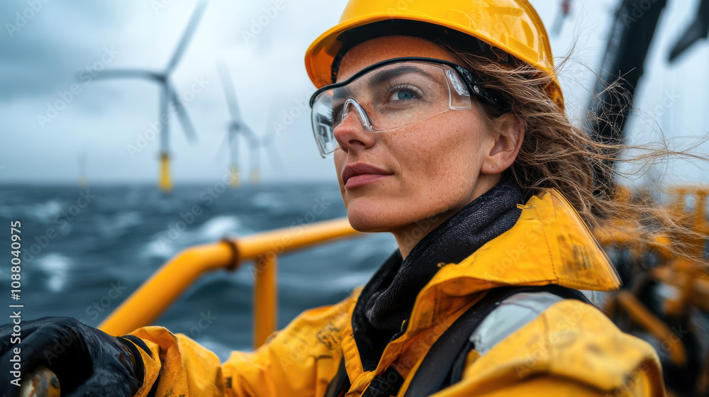 female offshore wind turbine technician in yellow jacket and helmet gazes thoughtfully at turbulent sea and wind turbines female offshore wind turbine technician in yellow jacket and helmet gazes thoughtfully at turbulent sea and wind turbines