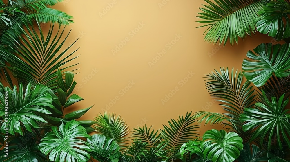 Lush green foliage against a warm orange background, ideal for nature-themed designs. Lush green foliage against a warm orange background, ideal for nature-themed designs.