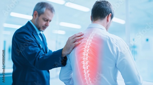 Doctor Examining Patient with Back Pain Spinal Anatomy Overlay