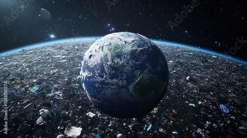  Earth from space with various plastic waste on one side. photo