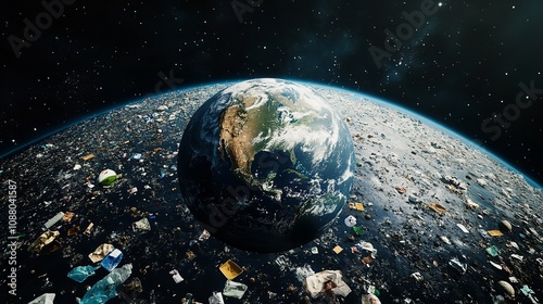  Earth from space with various plastic waste on one side. photo