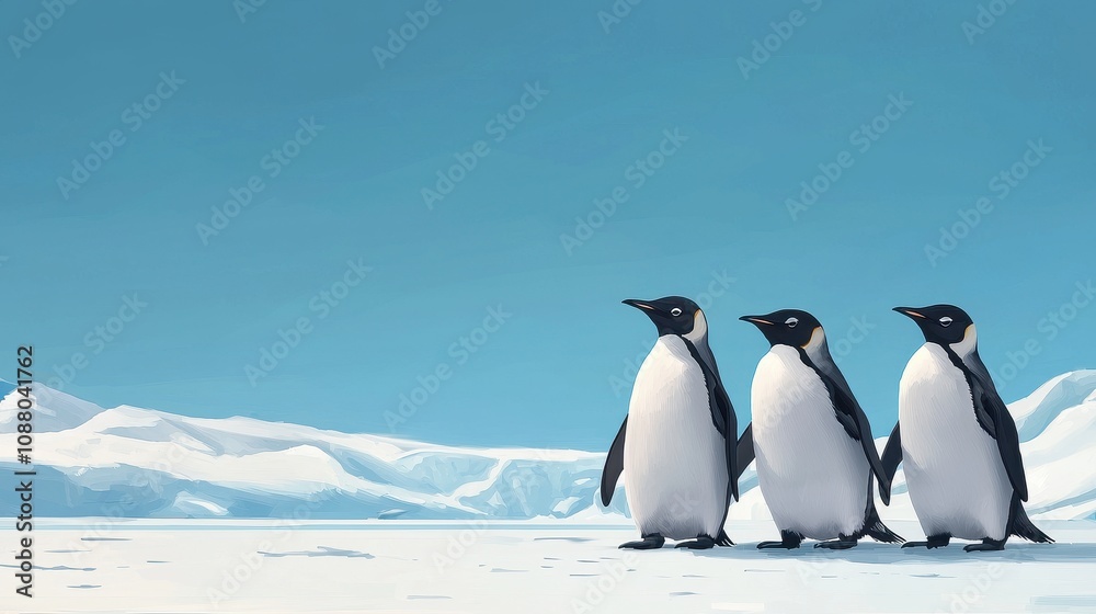 Obraz premium Penguins marching on icy landscape antarctica wildlife photography cold environment low angle nature's wonders