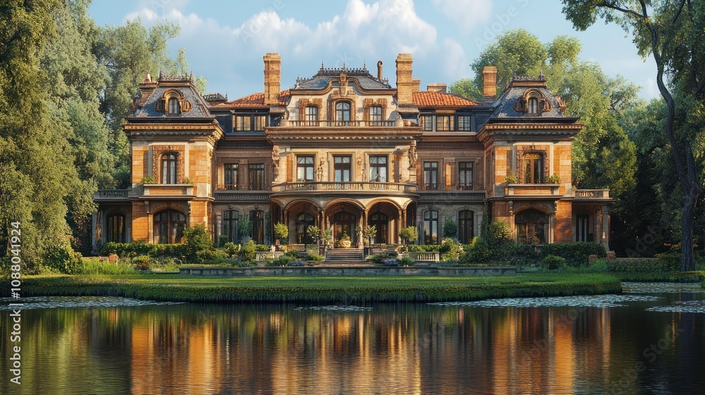 Elegant mansion by a serene lake surrounded by lush greenery. Elegant mansion by a serene lake surrounded by lush greenery.