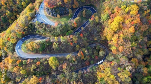 Autumn leaves at Irohazaka in Nikko, photographed by drone photo