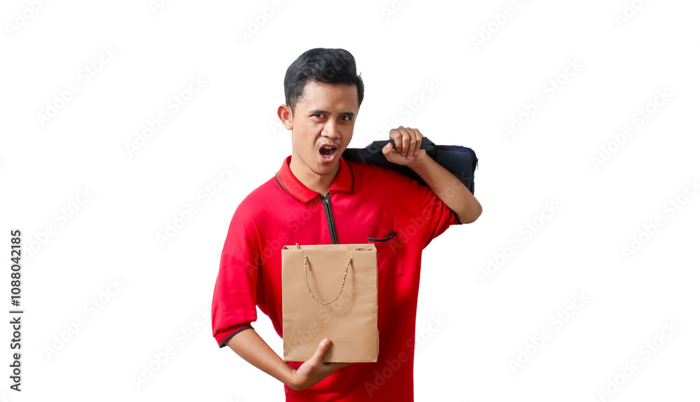 Asian man wearing polo shirt carrying shopping bags and laptop bag with cheerful expression isolated on white background Asian man wearing polo shirt carrying shopping bags and laptop bag with cheerful expression isolated on white background