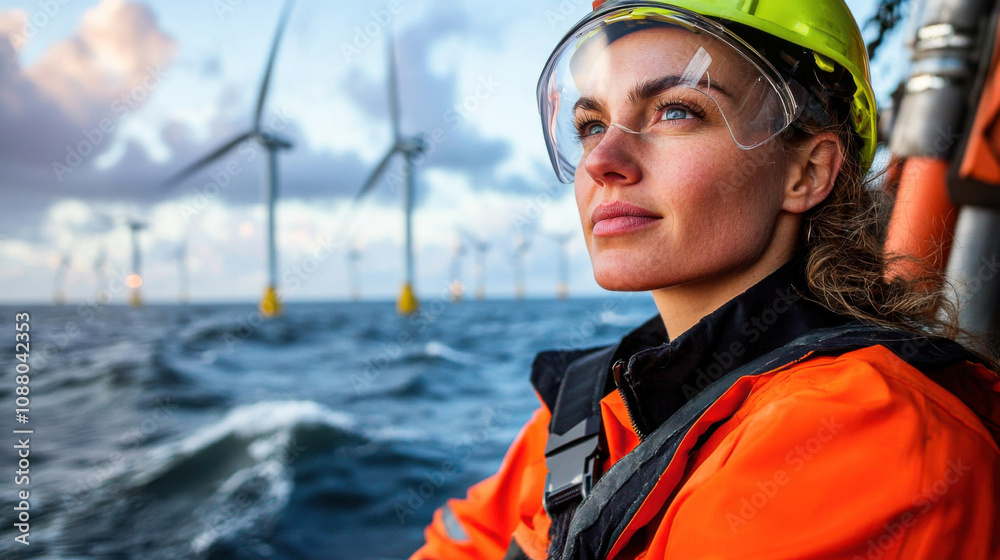 female offshore wind turbine technician gazes at wind turbines, showcasing her dedication to renewable energy. ocean waves reflect her commitment to sustainability female offshore wind turbine technician gazes at wind turbines, showcasing her dedication to renewable energy. ocean waves reflect her commitment to sustainability