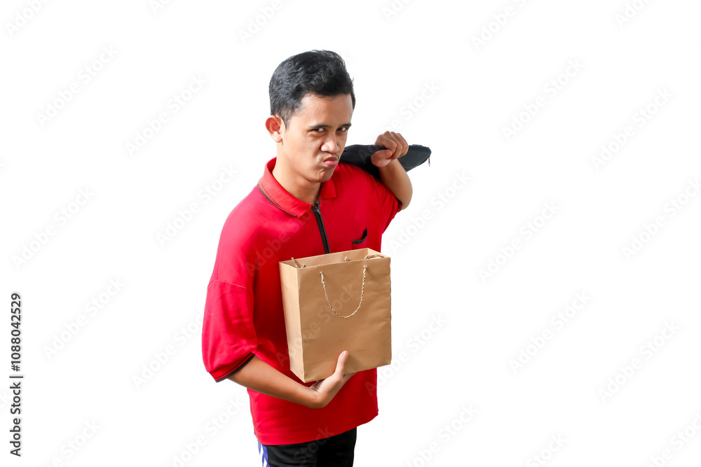 Asian man wearing polo shirt carrying shopping bags and laptop bag with cheerful expression isolated on white background Asian man wearing polo shirt carrying shopping bags and laptop bag with cheerful expression isolated on white background