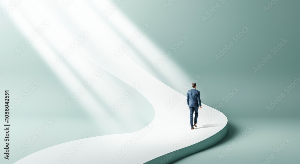 Man walking on winding path under spotlight in minimalist setting Man walking on winding path under spotlight in minimalist setting