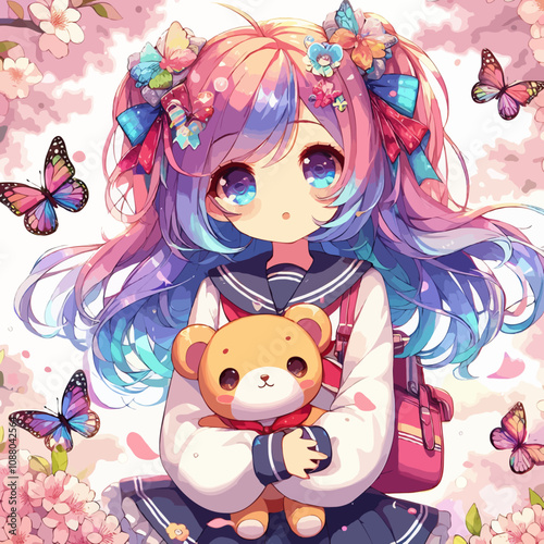  Anime girl with a teddy bear stands amidst a vibrant array of flowers, exuding a sense of innocence and joy.