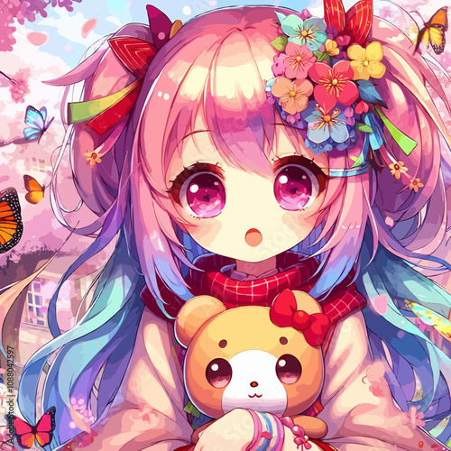  Anime girl with a teddy bear stands amidst a vibrant array of flowers, exuding a sense of innocence and joy.
