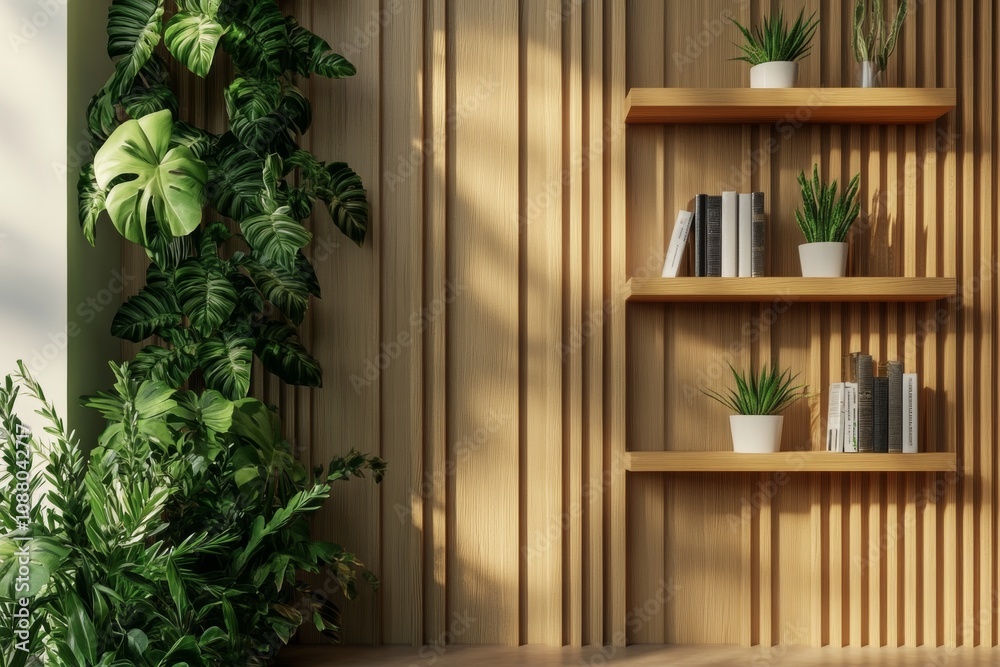 Modern bookshelf with plants enhances virtual office backdrops and studio settings in a contemporary space Modern bookshelf with plants enhances virtual office backdrops and studio settings in a contemporary space