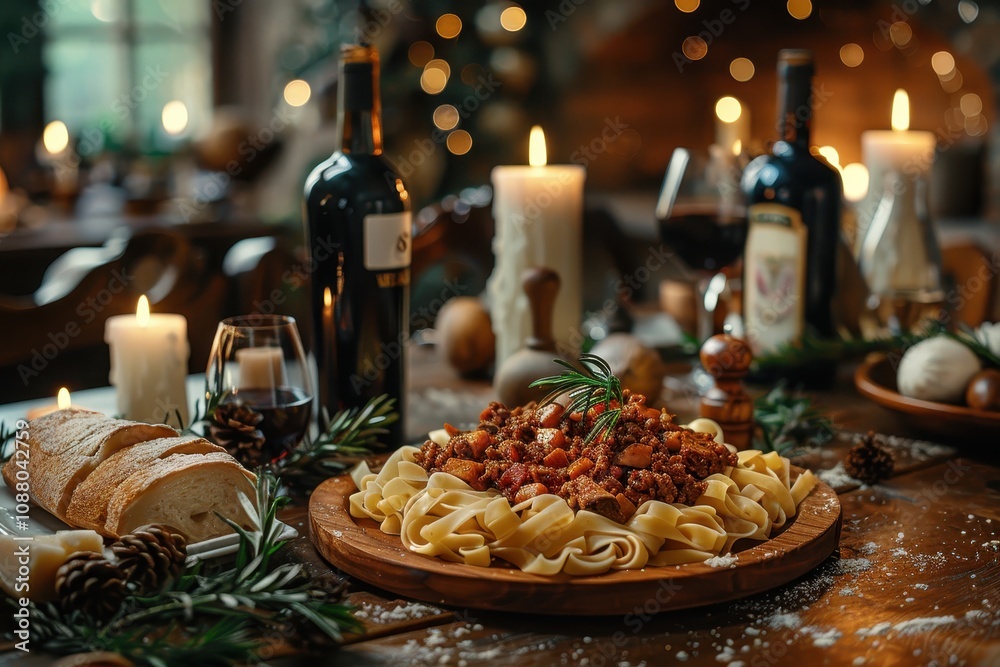 A cozy dining scene featuring pasta with meat sauce, wine, candles, and rustic decor, perfect for a festive gathering. A cozy dining scene featuring pasta with meat sauce, wine, candles, and rustic decor, perfect for a festive gathering.