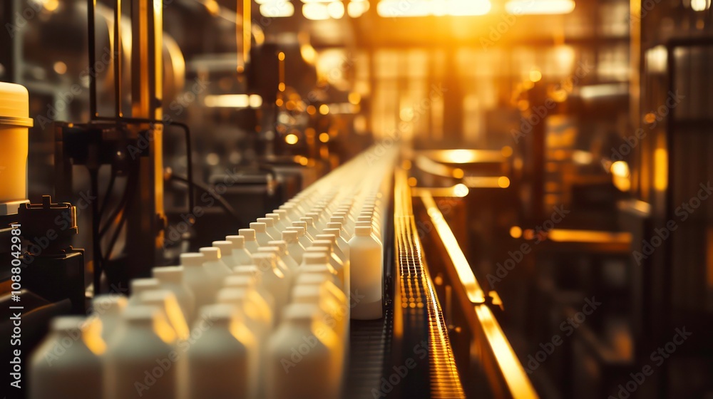 A line of uniform white plastic bottles on a conveyor belt in a factory setting, surrounded by industrial equipment and bathed in warm lighting. A line of uniform white plastic bottles on a conveyor belt in a factory setting, surrounded by industrial equipment and bathed in warm lighting.