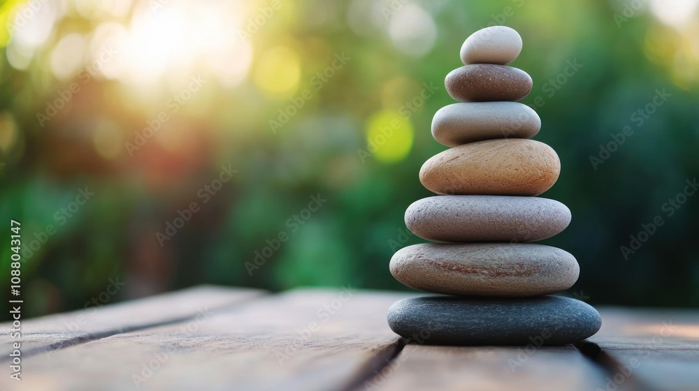 Obraz premium Zen Stones Stacked on Wooden Table with Blurred Green Background