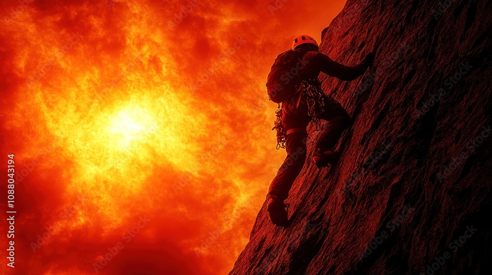 Climber scaling a rocky surface against a fiery backdrop. Climber scaling a rocky surface against a fiery backdrop.