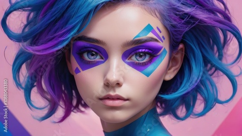 Vibrant Portrait with Abstract Makeup on Purple and Pink Background