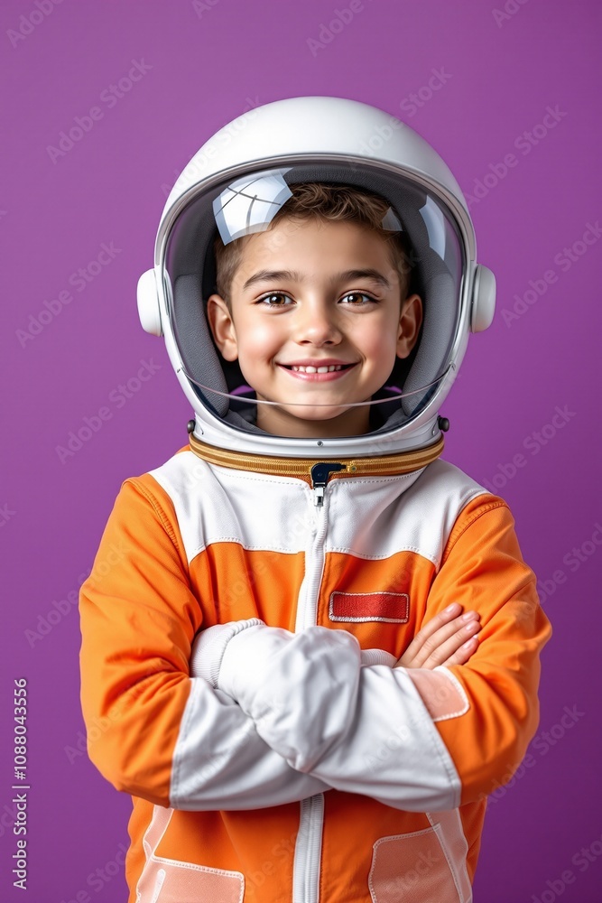 Cheerful Young Boy in Orange Astronaut Suit and Helmet Against Purple Background Cheerful Young Boy in Orange Astronaut Suit and Helmet Against Purple Background
