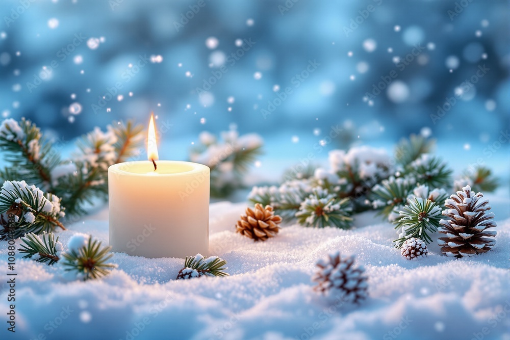 A Tranquil Winter Scene Featuring a Candle Amidst Snowy Pine Branches and Pinecones A Tranquil Winter Scene Featuring a Candle Amidst Snowy Pine Branches and Pinecones