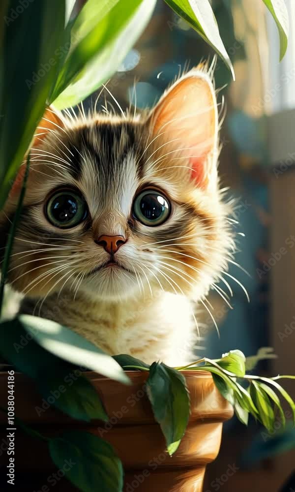 custom made wallpaper toronto digitalAdorable Kitten Peeking Out from a Flower Pot Surrounded by Lush Green Leaves, Featuring Big Eyes and Soft Fur, Capturing a Playful Moment in Nature