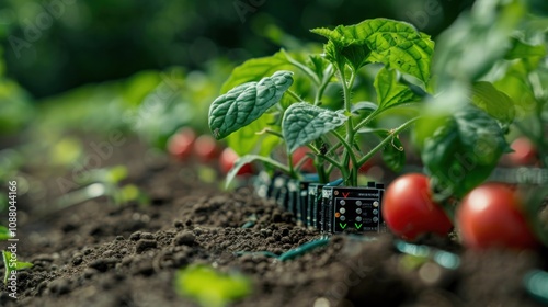 A close-up of a nanosensor network used in agriculture, monitoring soil moisture and nutrient levels to optimize crop growth, demonstrating the application of nanotechnology in precision farming photo