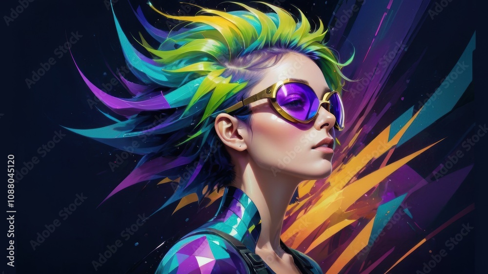 Vibrant futuristic portrait of a woman with neon hair and bold glasses Vibrant futuristic portrait of a woman with neon hair and bold glasses
