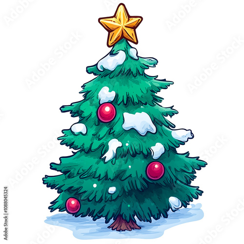 Illustration of a decorated Christmas tree topped with a golden star and adorned with red ornaments and snow over transparent background