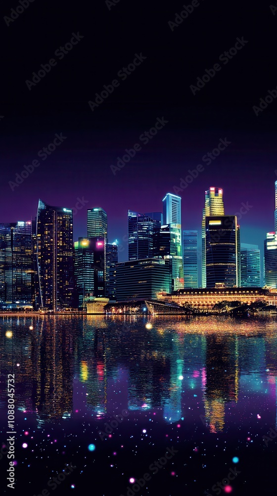 Fototapeta premium Vibrant city skyline at night with reflections on water and colorful lights.