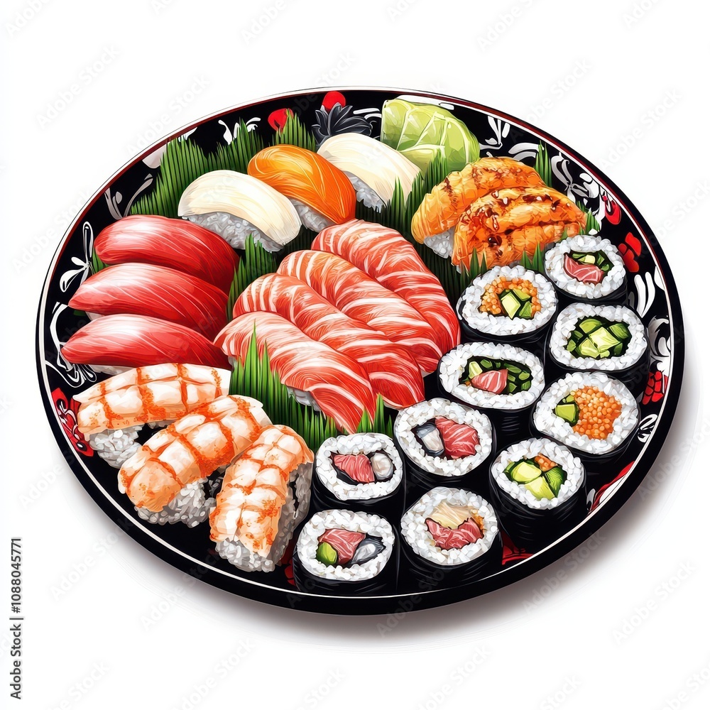 A vibrant platter of assorted sushi and sashimi delicacies. A vibrant platter of assorted sushi and sashimi delicacies.