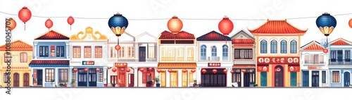 Colorful illustration of traditional buildings with lanterns in a vibrant street scene.