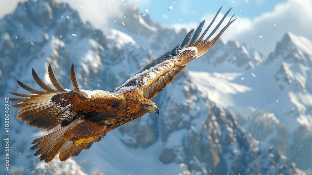 Fototapeta premium Golden eagle in flight over snow-capped mountains.