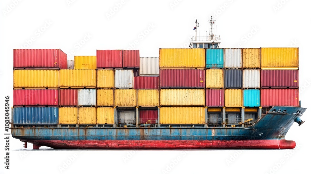 Obraz premium A cargo ship stacked with colorful shipping containers, isolated on a white background