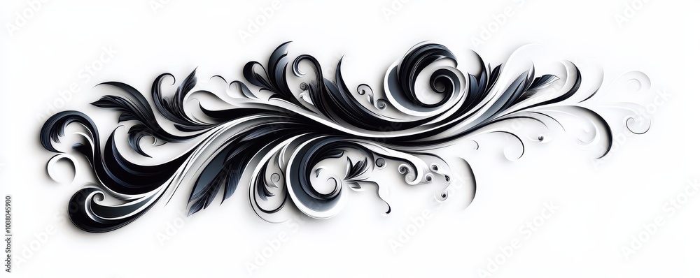 Elegant black swirl design with intricate floral elements on a white background. Elegant black swirl design with intricate floral elements on a white background.