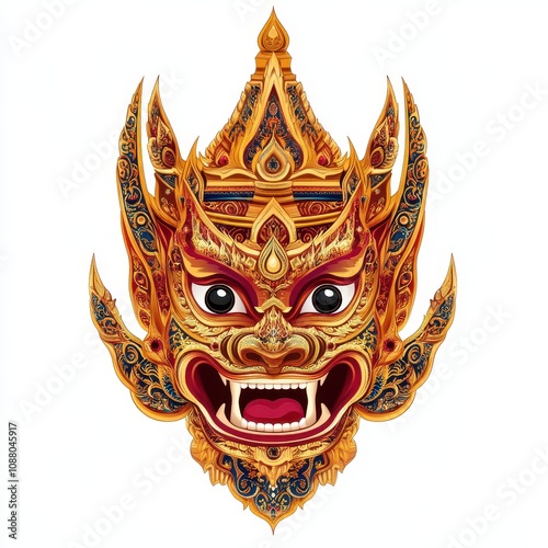 Colorful Thai mask with intricate designs and fierce expression. photo