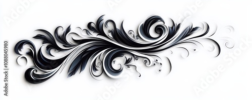 Elegant black swirl design with intricate floral elements on a white background.