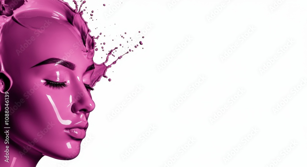Illustration of woman in profile with pink paint splashing on her head Illustration of woman in profile with pink paint splashing on her head