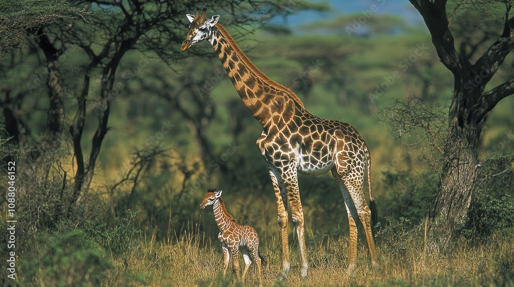 Obraz premium African Giraffe and Calf in Savannah