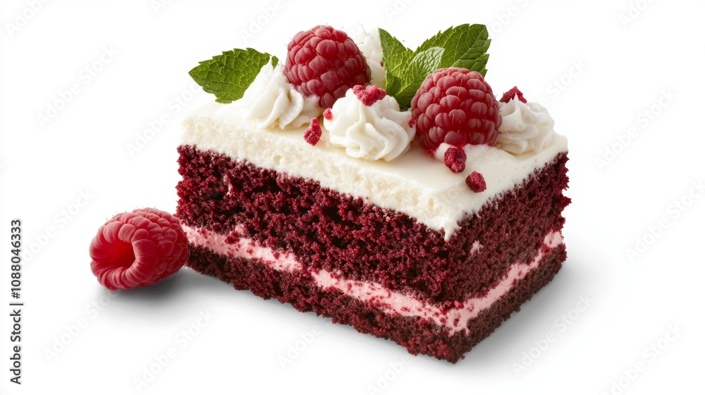 Delicious slice of red velvet cake with cream cheese frosting and garnishes of fresh raspberries and mint Delicious slice of red velvet cake with cream cheese frosting and garnishes of fresh raspberries and mint