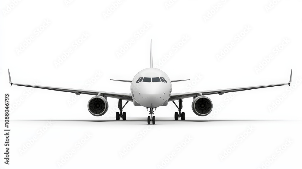 A commercial airplane with its landing gear down, isolated on a white background