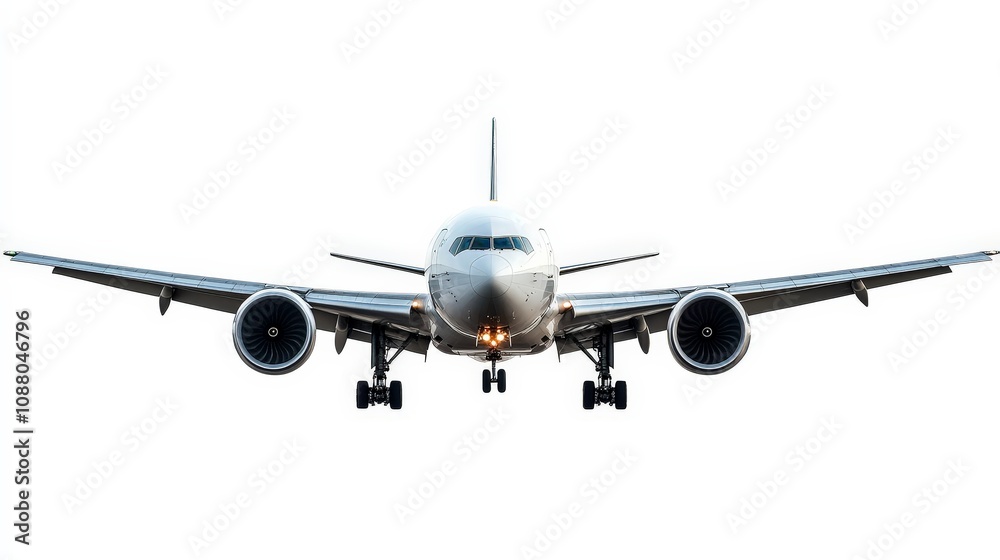 Obraz premium A commercial airplane with its landing gear down, isolated on a white background