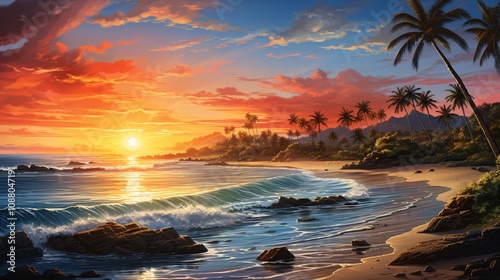 Panoramic view of a tropical beach with gentle ocean waves and a vibrant sunset
